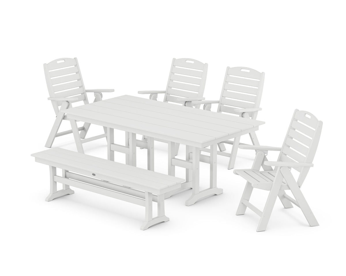 POLYWOOD Nautical Highback 6-Piece Farmhouse Dining Set with Bench in White