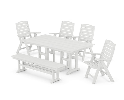 POLYWOOD Nautical Highback 6-Piece Farmhouse Dining Set with Bench in White