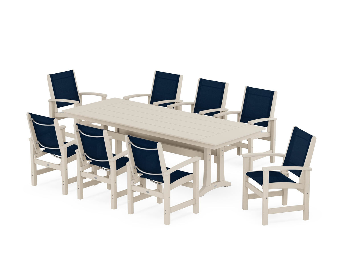 POLYWOOD Coastal 9-Piece Farmhouse Dining Set with Trestle Legs in Sand / Navy Blue