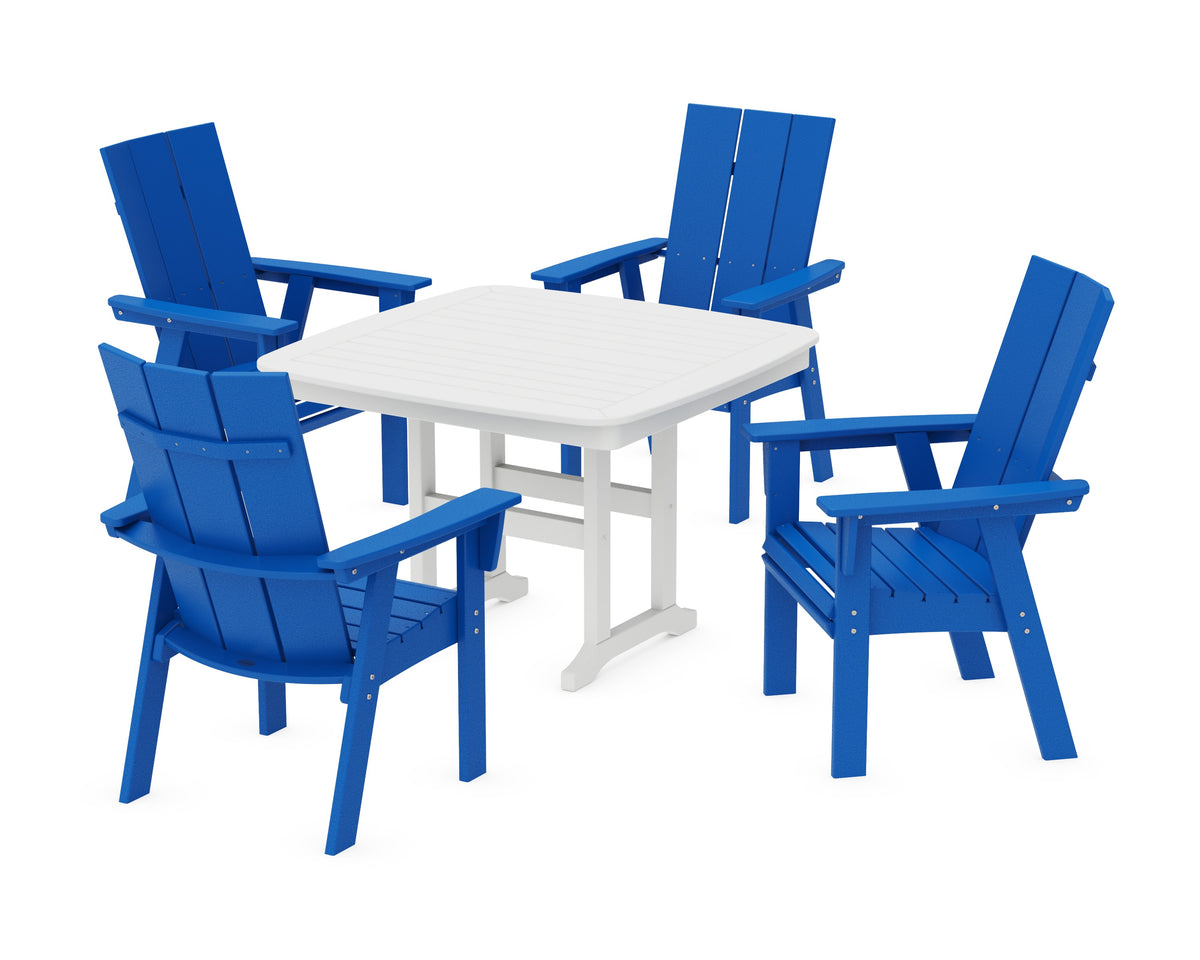 POLYWOOD Modern Curveback Adirondack 5-Piece Dining Set - 44" Table in Pacific Blue / White