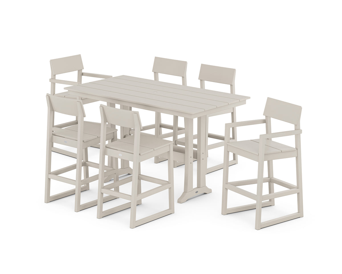 POLYWOOD EDGE 7-Piece Farmhouse Bar Set with Trestle Legs in Sand