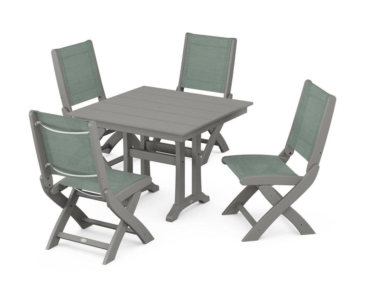 POLYWOOD Coastal Folding Side Chair 5-Piece Farmhouse Dining Set With Trestle Legs in Slate Grey / Dupioni Sea Mist