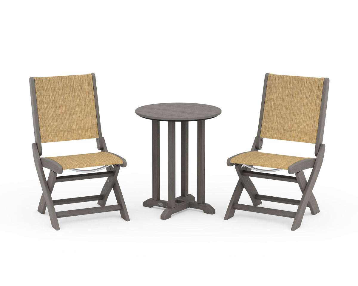 POLYWOOD Coastal Folding Side Chair 3-Piece Round Bistro Dining Set in Driftwood / Burlap