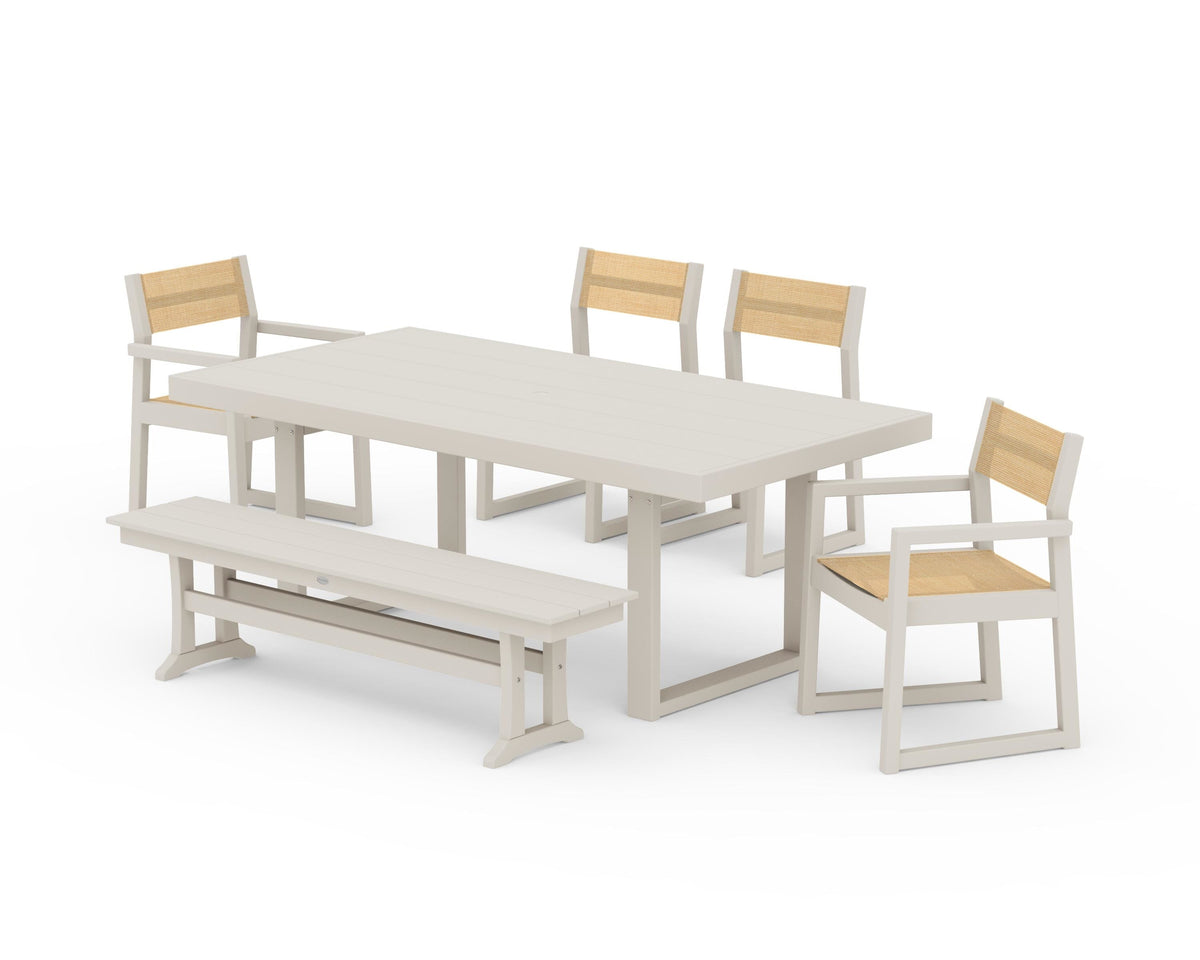 POLYWOOD EDGE Sling 6-Piece Dining Set with Bench in Sand / Dupioni Apricot