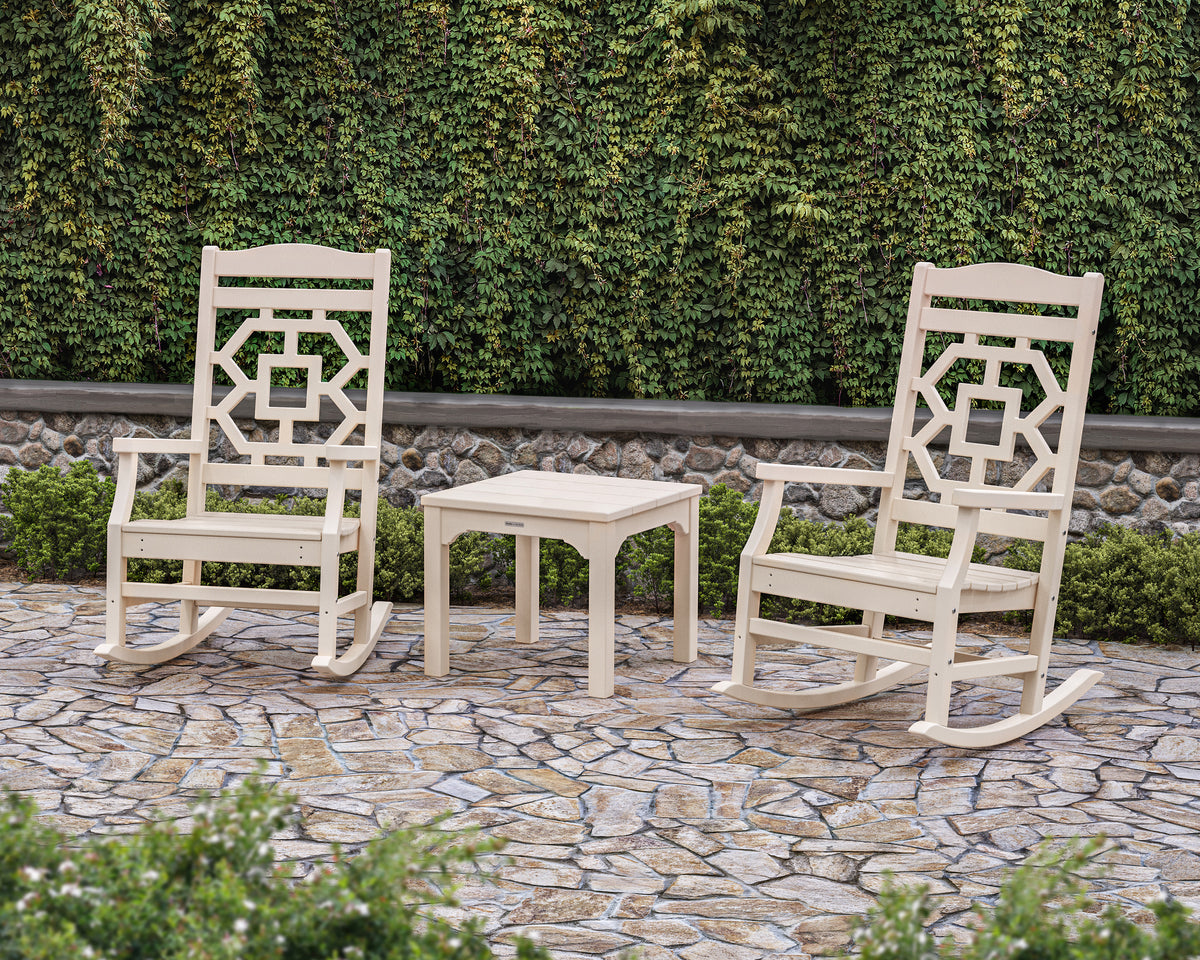 POLYWOOD Chinoiserie 3-Piece Rocking Chair Set in an outdoor setting