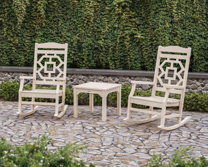 POLYWOOD Chinoiserie 3-Piece Rocking Chair Set in an outdoor setting