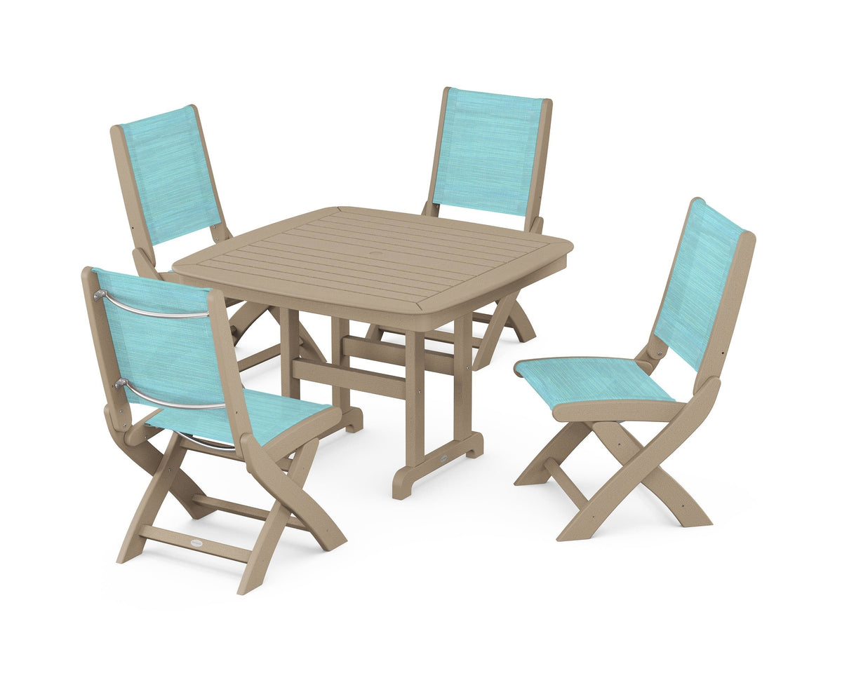 POLYWOOD Coastal Folding Side Chair 5-Piece Dining Set with Nautical 44" Dining Table in Vintage Sahara / Dupioni Aquamarine