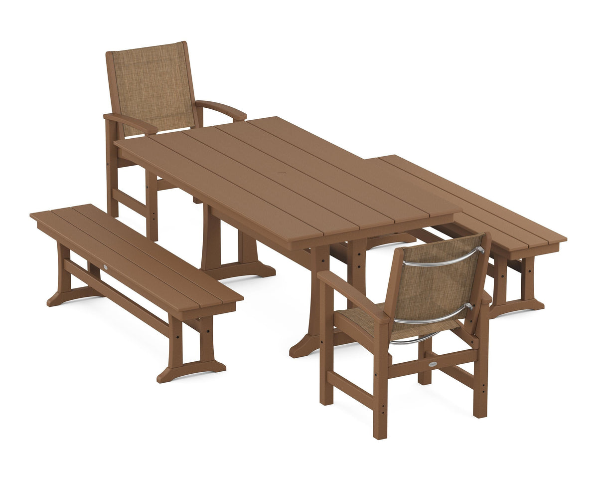 POLYWOOD Coastal 5-Piece Farmhouse Dining Set with Trestle Legs and Benches in Teak / Burlap