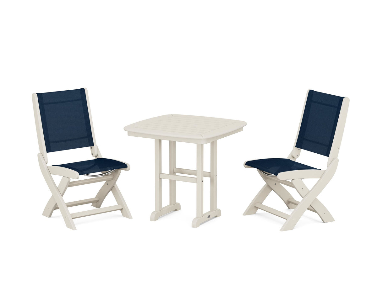 POLYWOOD Coastal Folding Side Chair 3-Piece Dining Set in Sand / Navy Blue