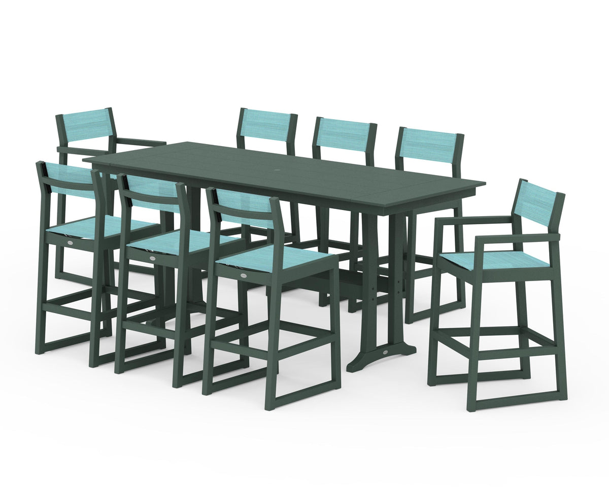 POLYWOOD EDGE Sling 9-Piece Farmhouse Bar Set with Trestle Legs in Green / Dupioni Aquamarine