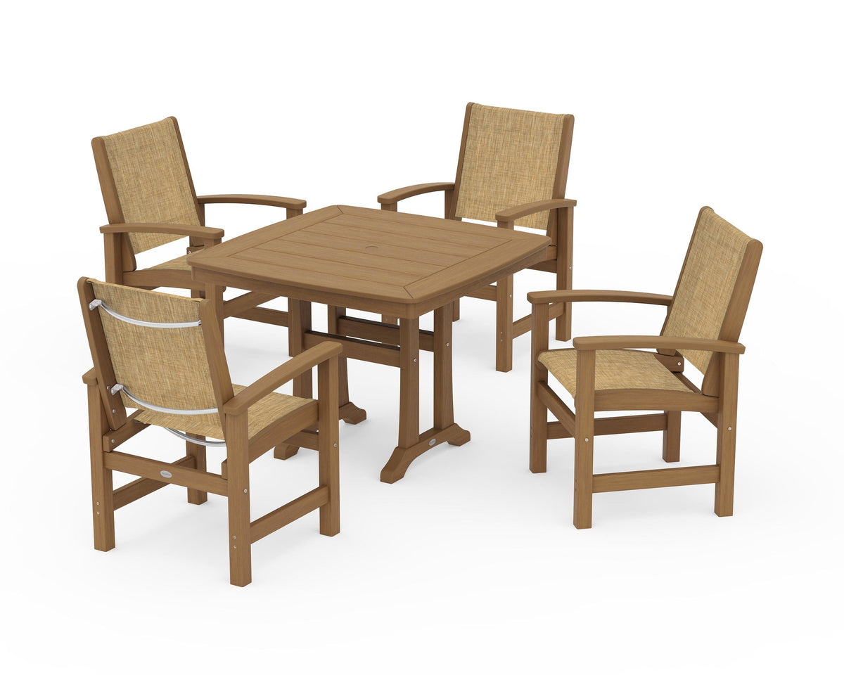 POLYWOOD Coastal 5-Piece Dining Set with Trestle Legs with Nautical Trestle 37" Dining Table in Natural / Burlap