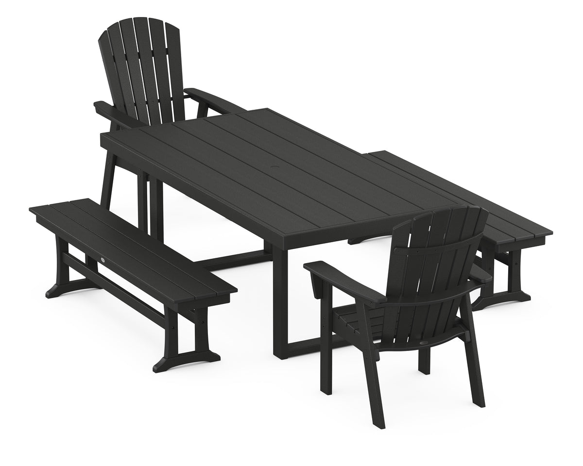 POLYWOOD Nautical Curveback Adirondack 5-Piece Dining Set with Benches - 39" x 78" Table in Black