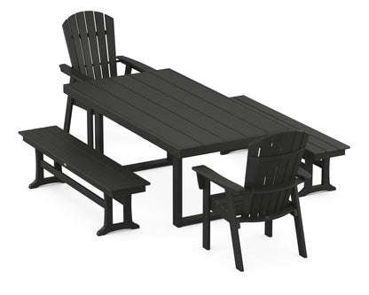 POLYWOOD Nautical Curveback Adirondack 5-Piece Dining Set with Benches - 39" x 78" Table in Black