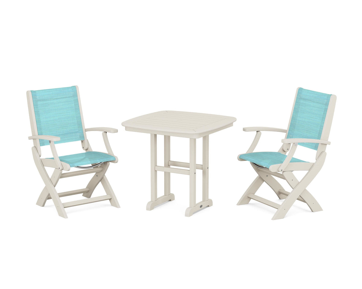 POLYWOOD Coastal Folding Chair 3-Piece Dining Set in Sand / Dupioni Aquamarine