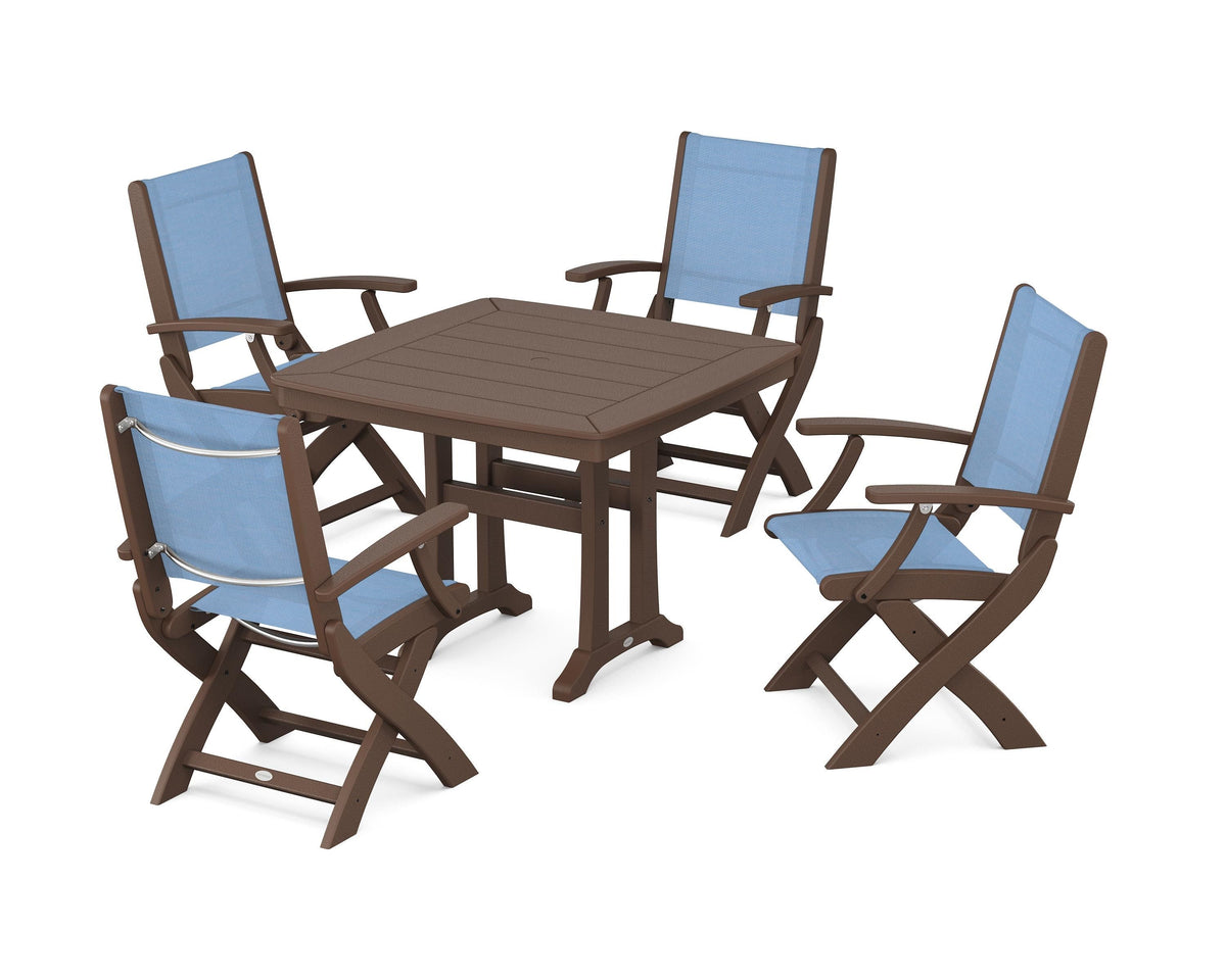 POLYWOOD Coastal Folding Chair 5-Piece Dining Set with Trestle Legs in Mahogany / Poolside