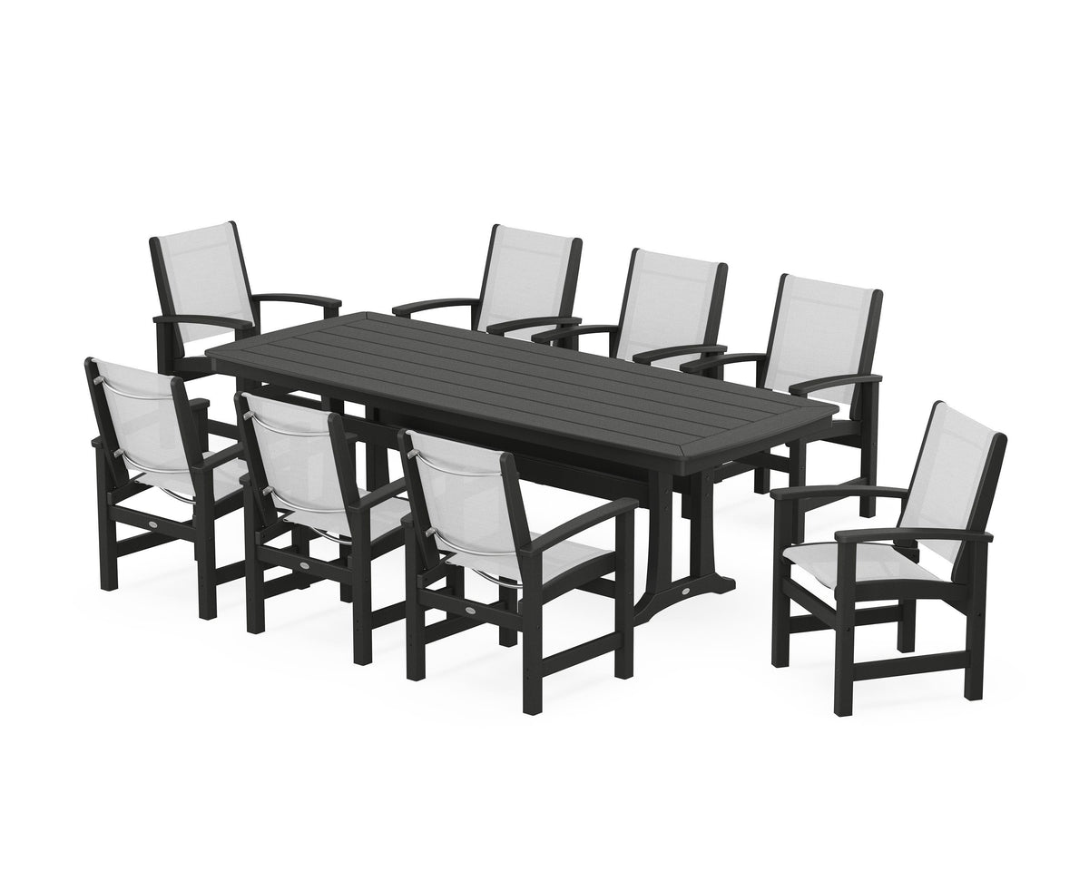 POLYWOOD Coastal 9-Piece Dining Set with Trestle Legs in Black / White