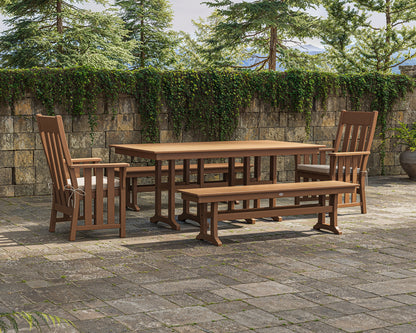 POLYWOOD Acadia 5-Piece Farmhouse Dining Set with Benches in Teak in an outdoor setting