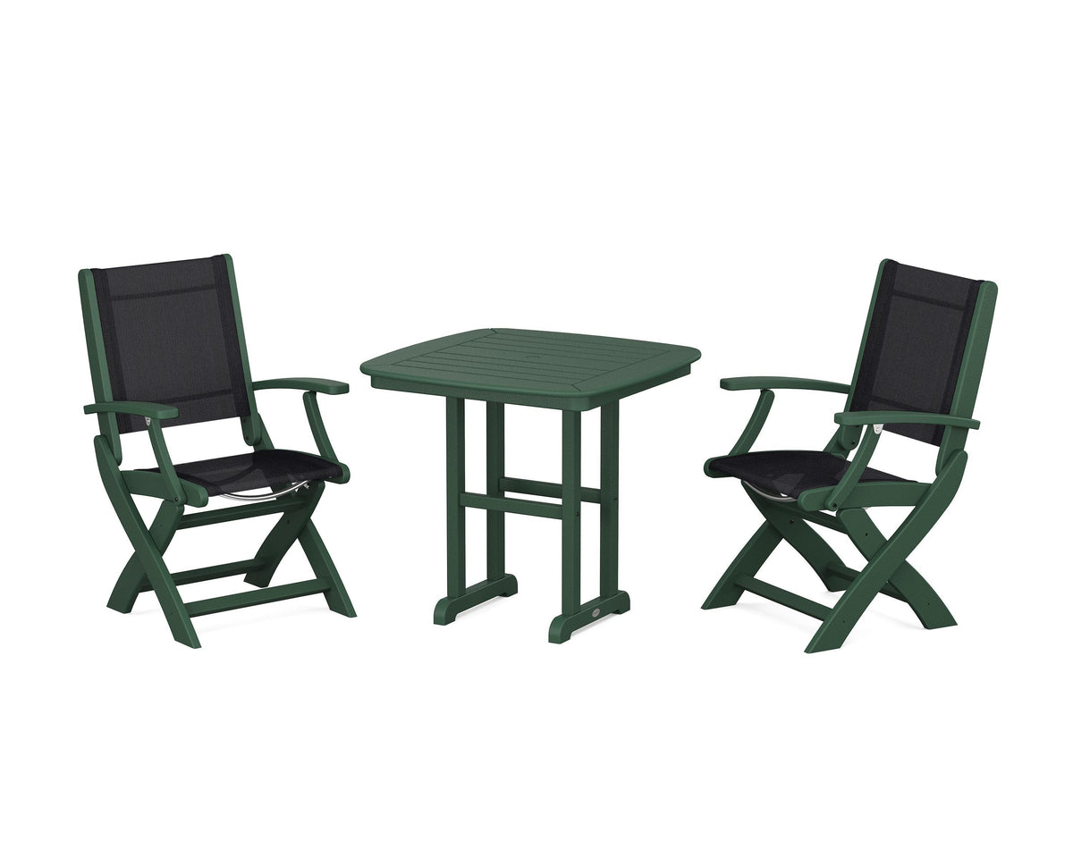 POLYWOOD Coastal Folding Chair 3-Piece Dining Set in Green / Black