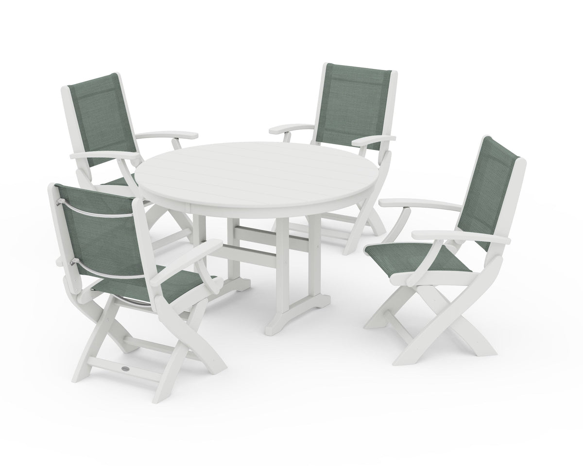 POLYWOOD Coastal Folding Chair 5-Piece Round Dining Set in Vintage White / Dupioni Sea Mist