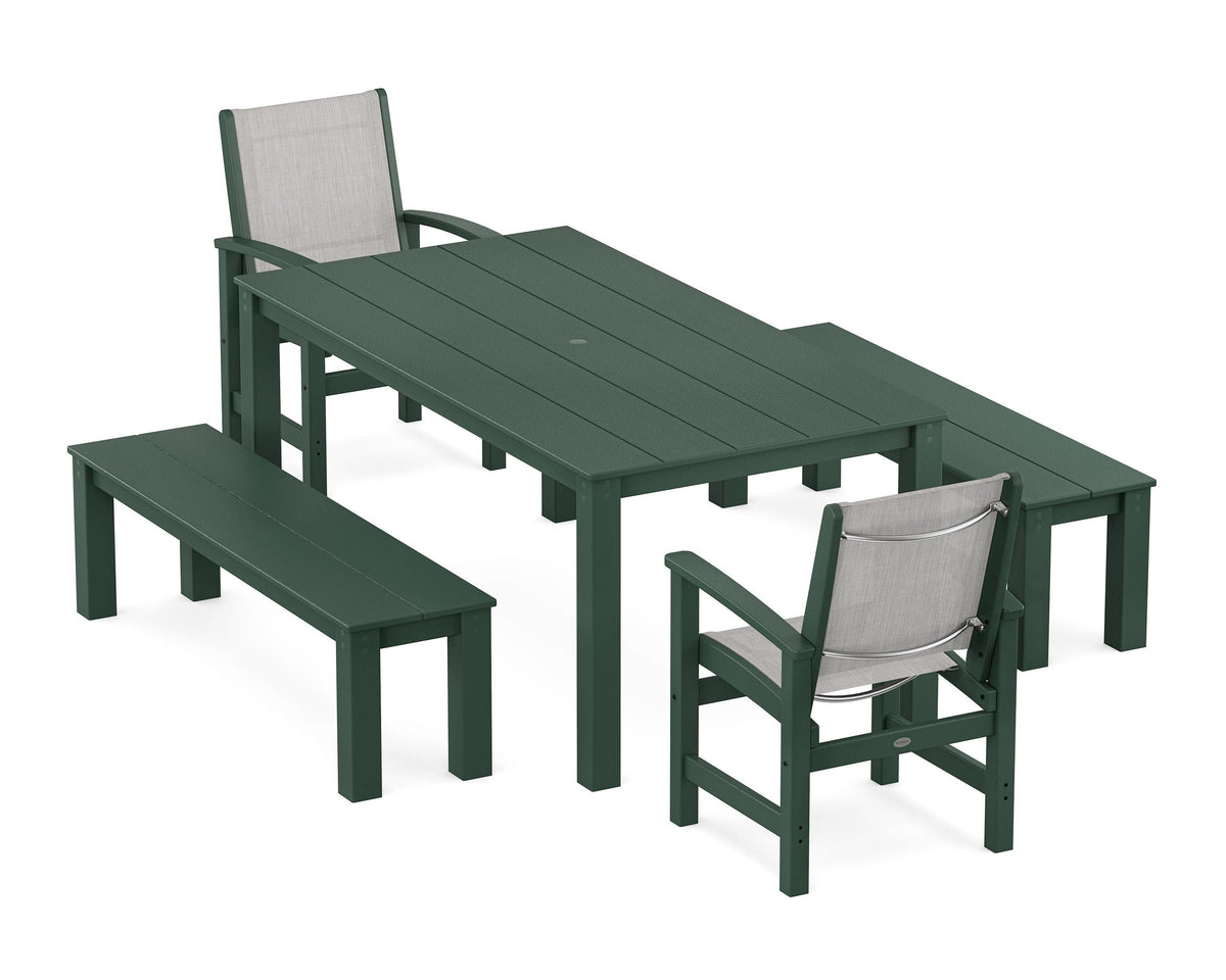 POLYWOOD Coastal 5-Piece Parsons Dining Set with Benches in Green / Parchment