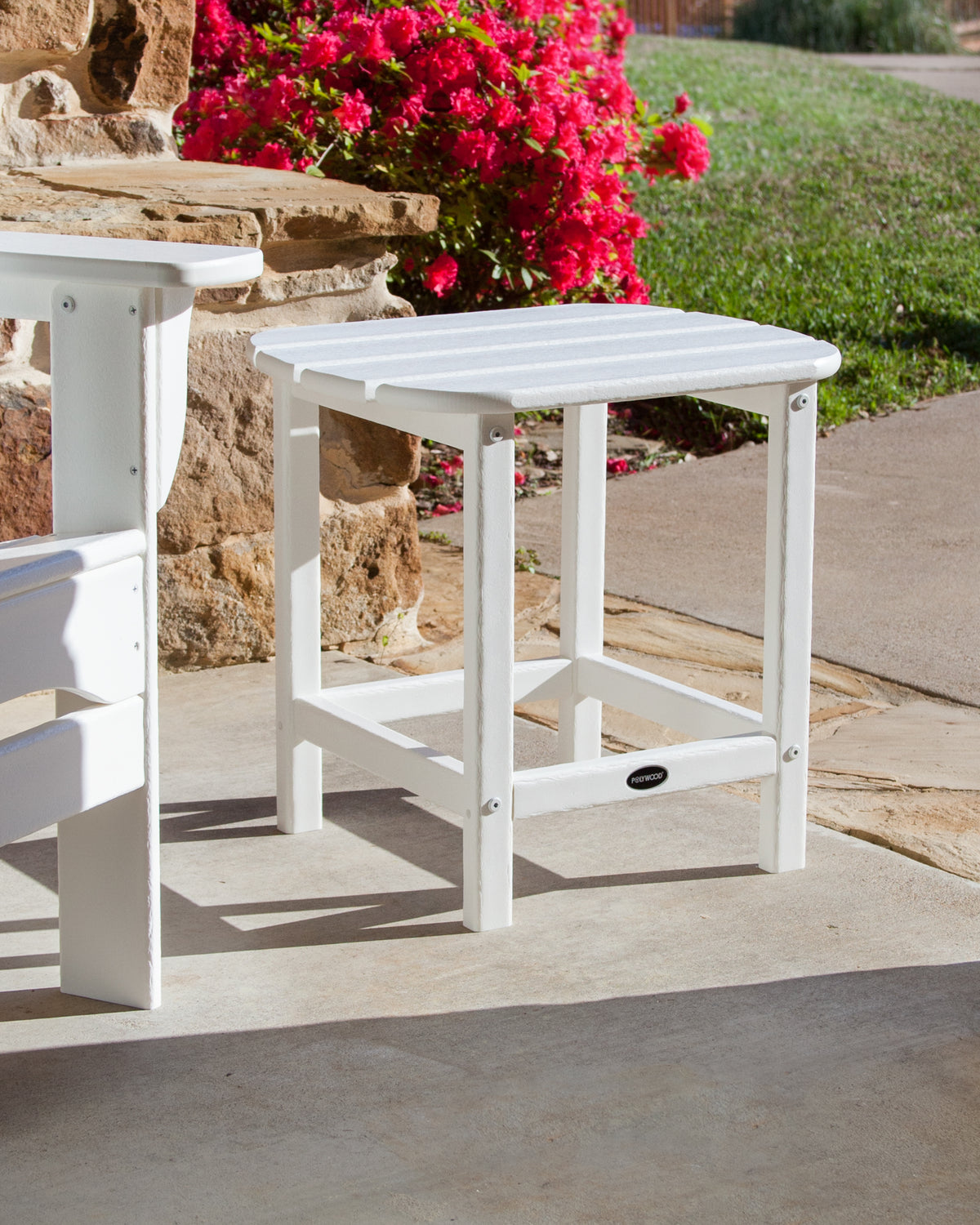 POLYWOOD South Beach 18" Side Table in White styled outdoors