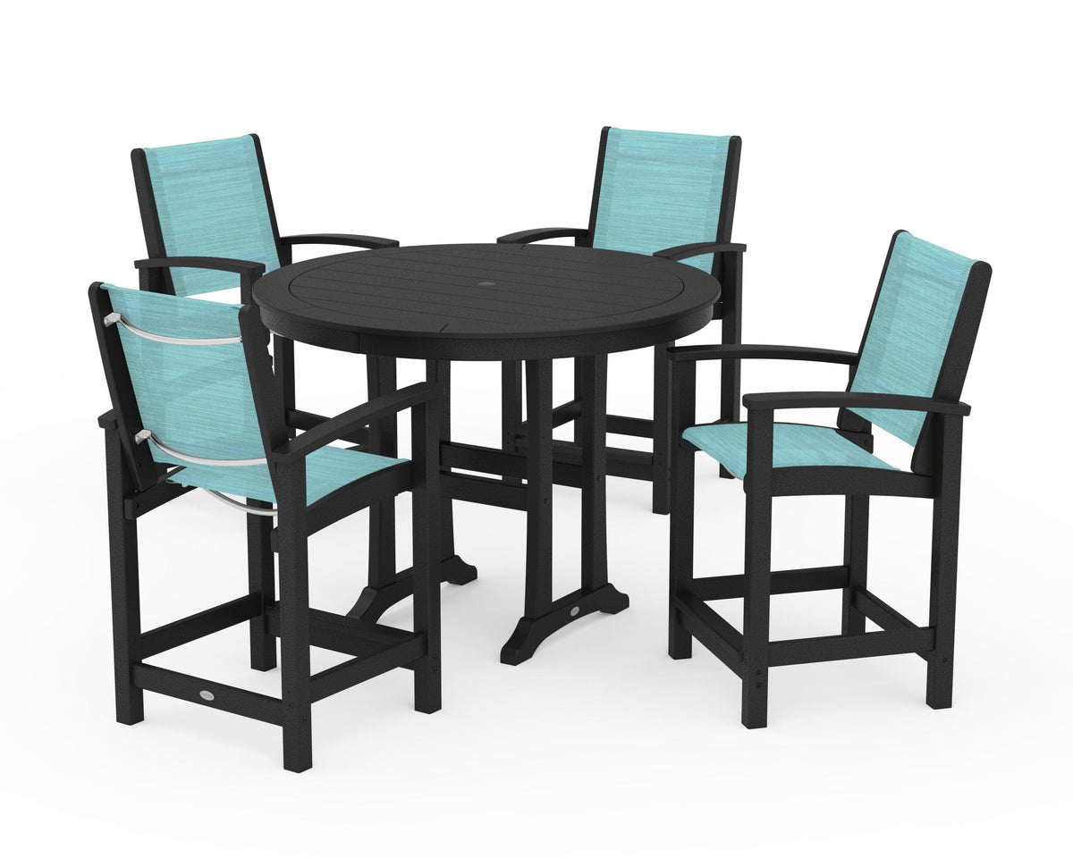 POLYWOOD Coastal 5-Piece Counter Set in Black / Dupioni Aquamarine