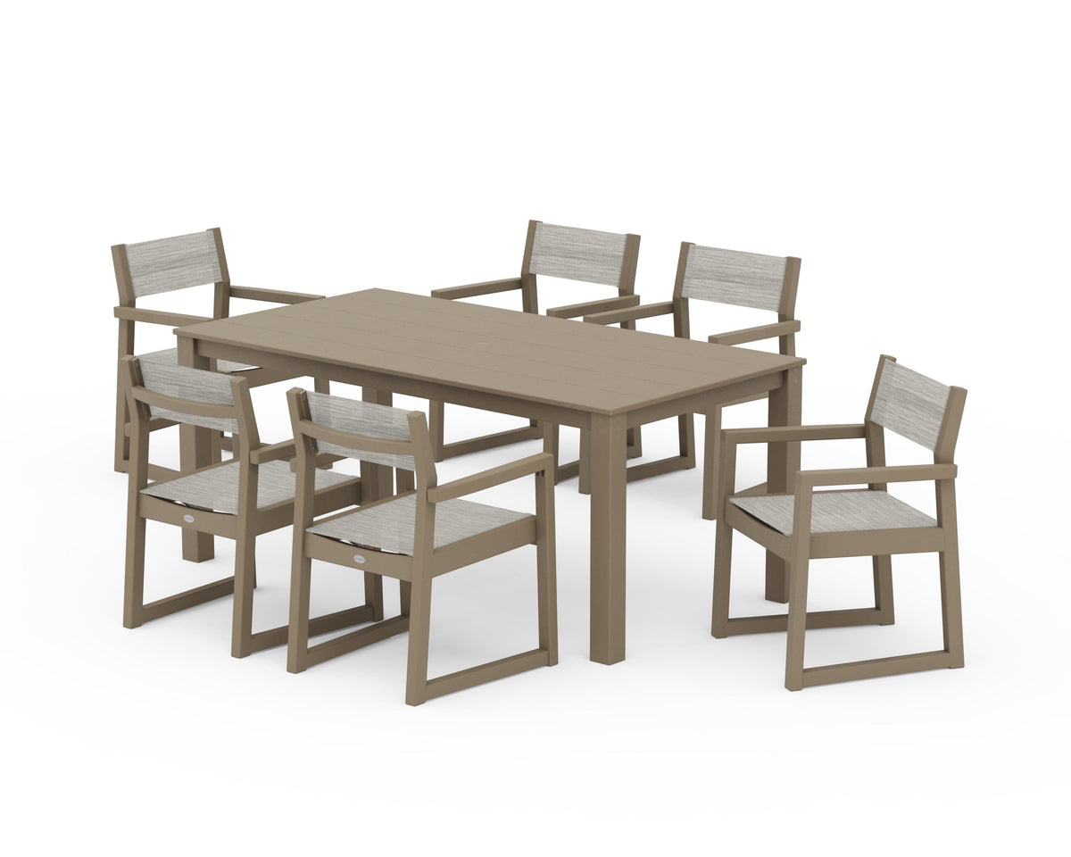 POLYWOOD EDGE Sling Arm Chair 7-Piece Parsons Dining Set in Vintage Sahara / Birch