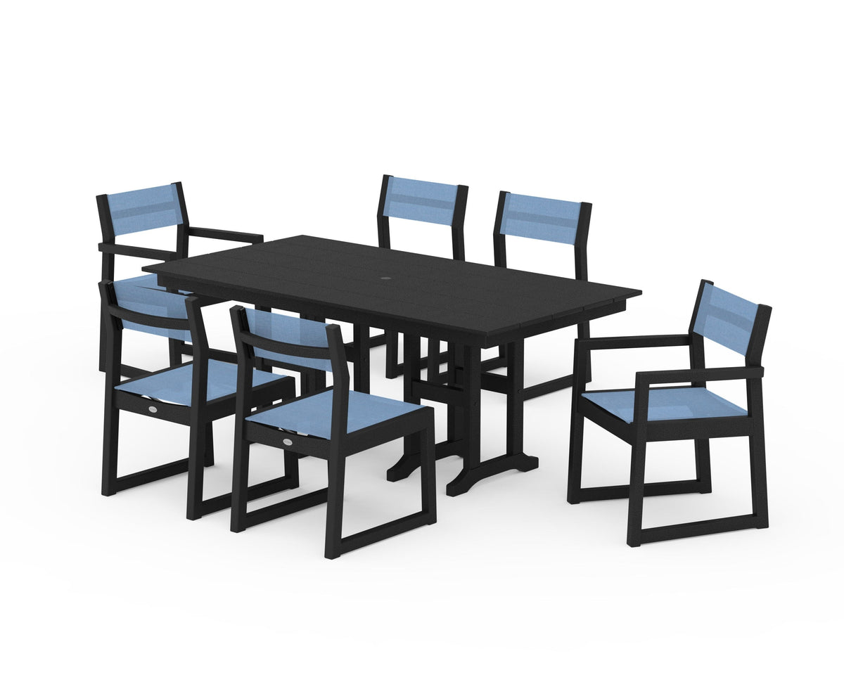 POLYWOOD EDGE Sling 7-Piece Farmhouse Dining Set in Black / Poolside