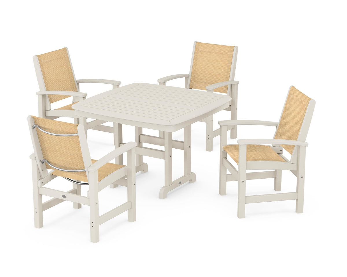 POLYWOOD Coastal 5-Piece Dining Set with Nautical 44" Dining Table in Sand / Dupioni Apricot