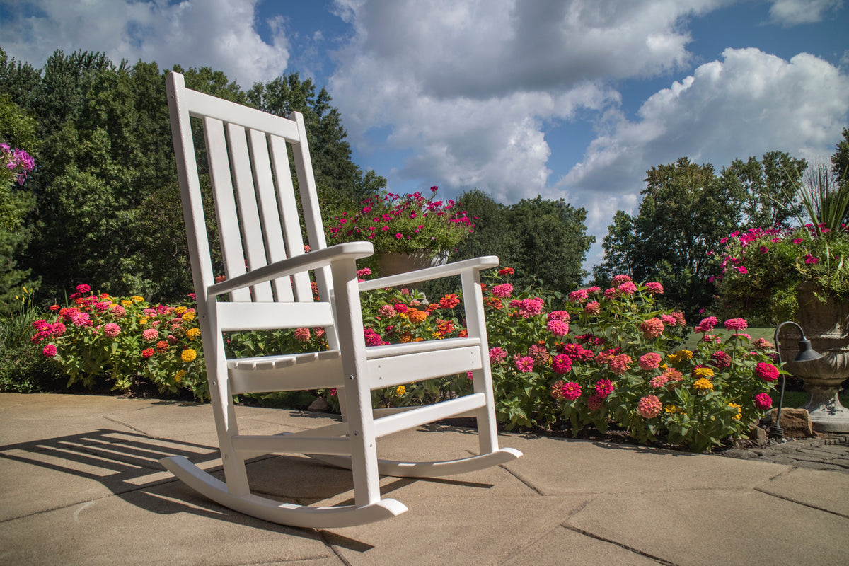 Feature close-up of the POLYWOOD Vineyard Porch Rocking Chair in White