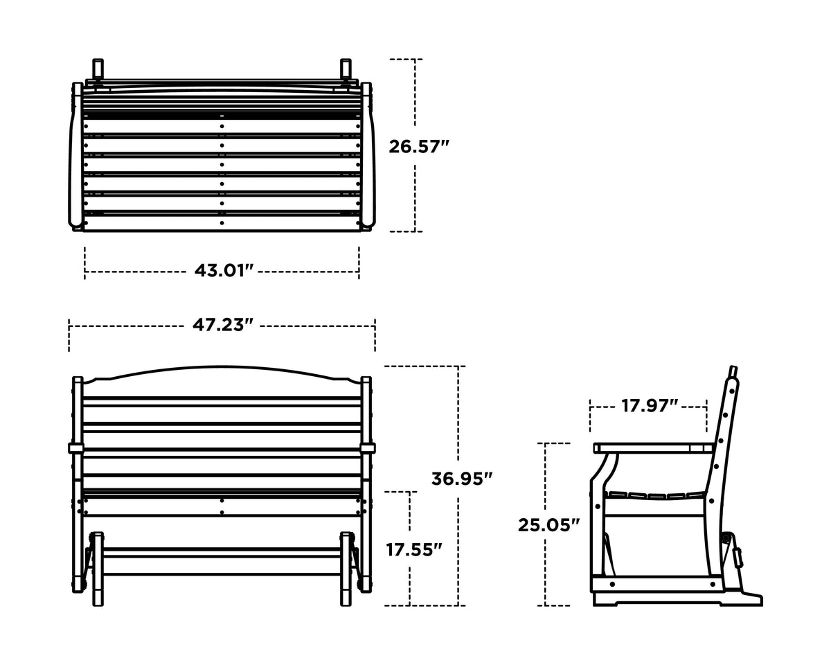 POLYWOOD Savannah 48" Glider dimension drawing with width, depth and height measurements