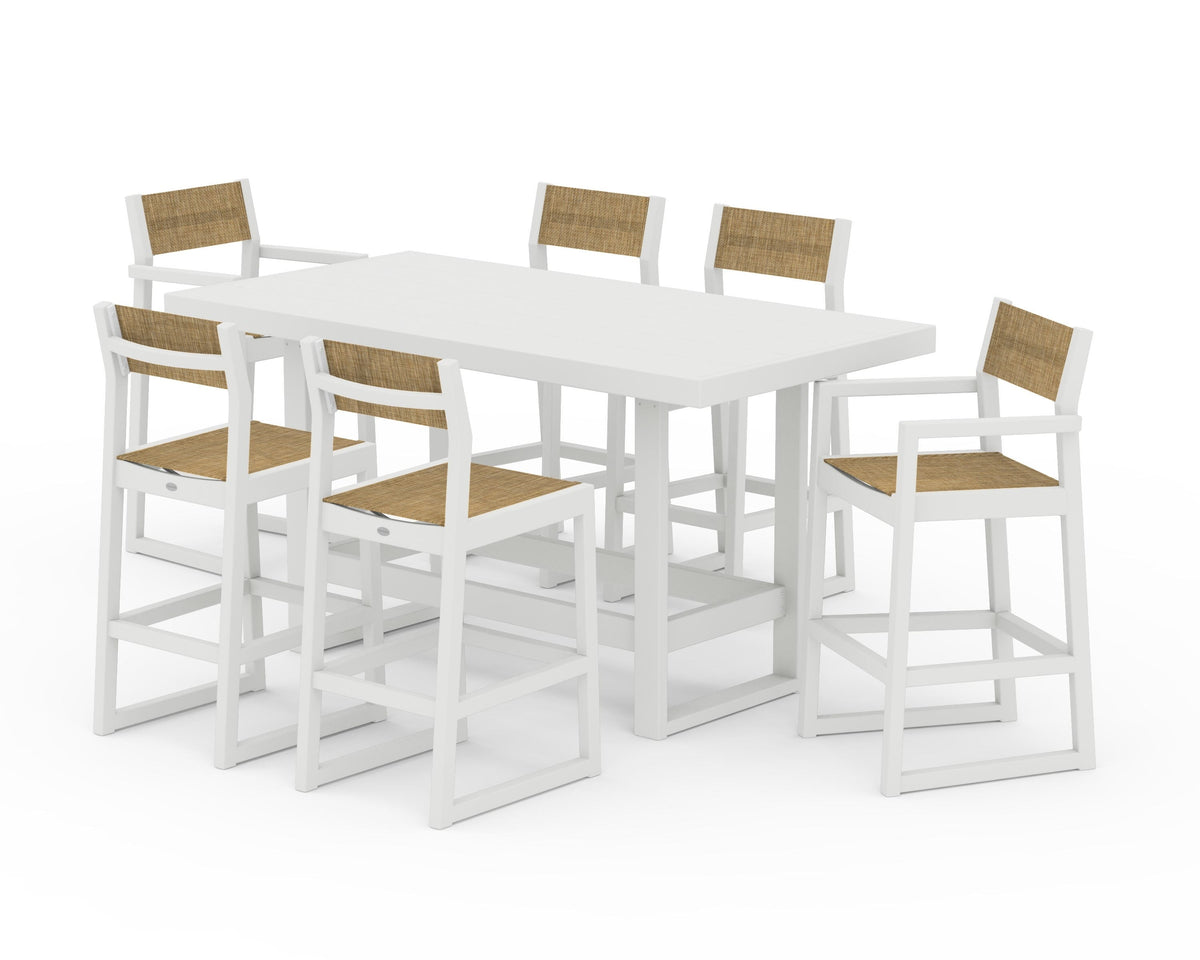 POLYWOOD EDGE Sling 7-Piece Bar Table Set in Vintage White / Burlap