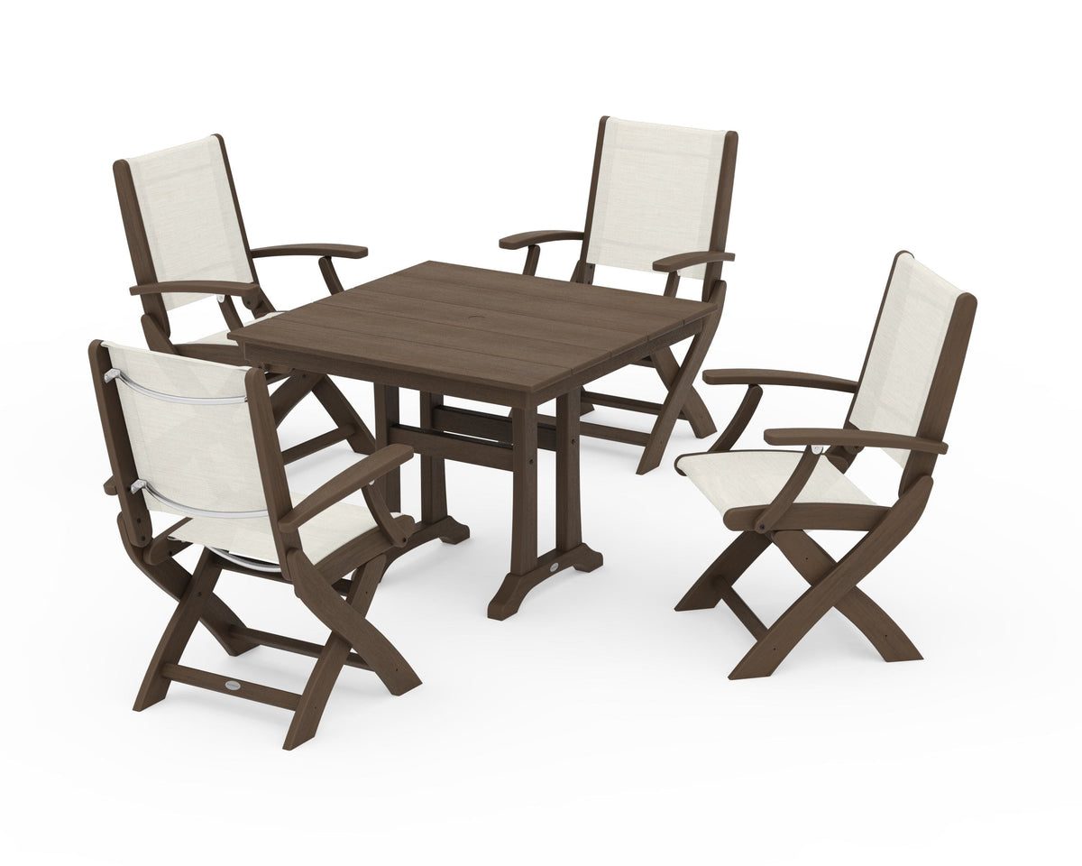 POLYWOOD Coastal Folding Chair 5-Piece Farmhouse Dining Set With Trestle Legs in Kona / Parchment