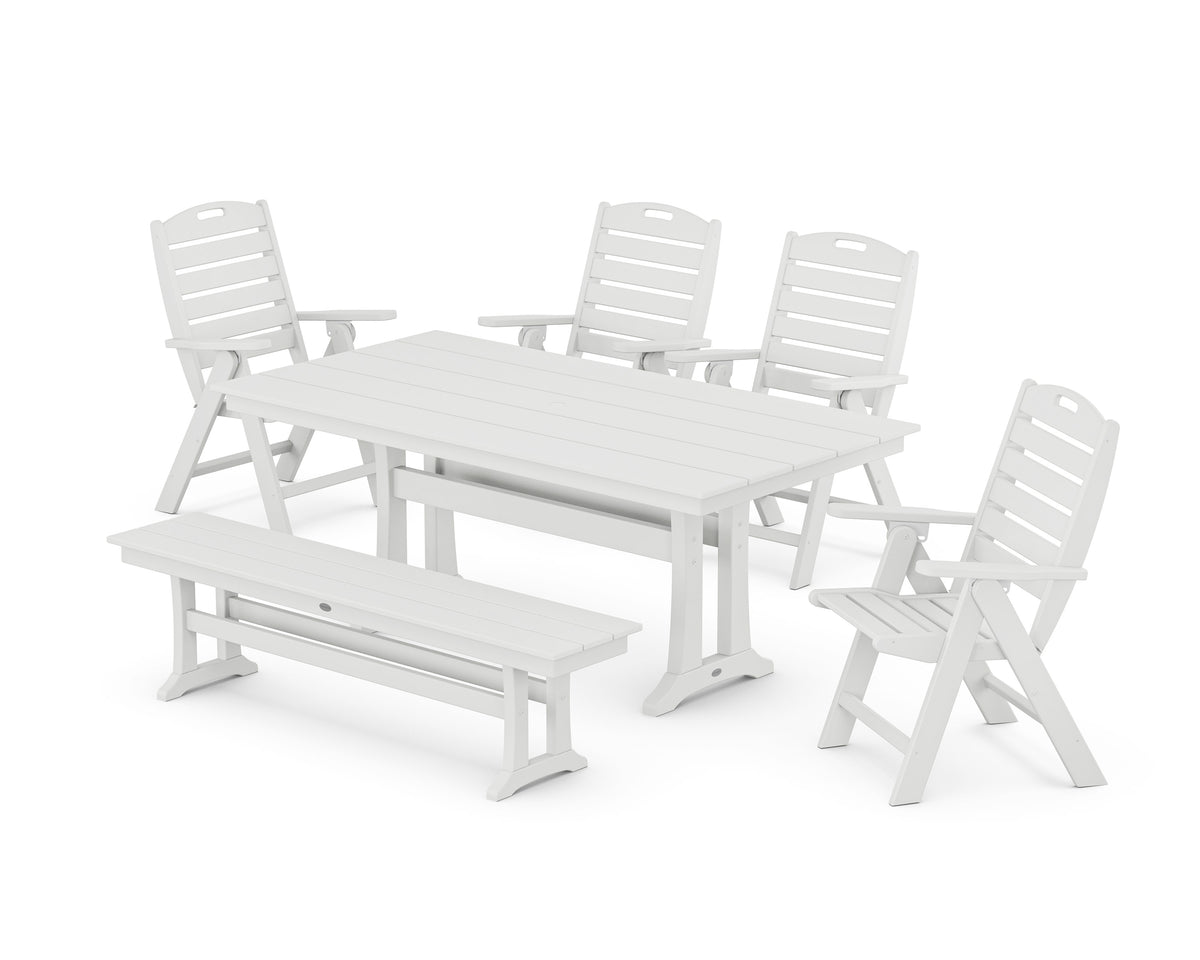 POLYWOOD Nautical Highback 6-Piece Farmhouse Dining Set with Trestle Legs and Bench in White