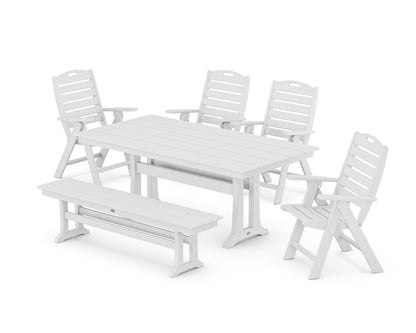 POLYWOOD Nautical Highback 6-Piece Farmhouse Dining Set with Trestle Legs and Bench in White