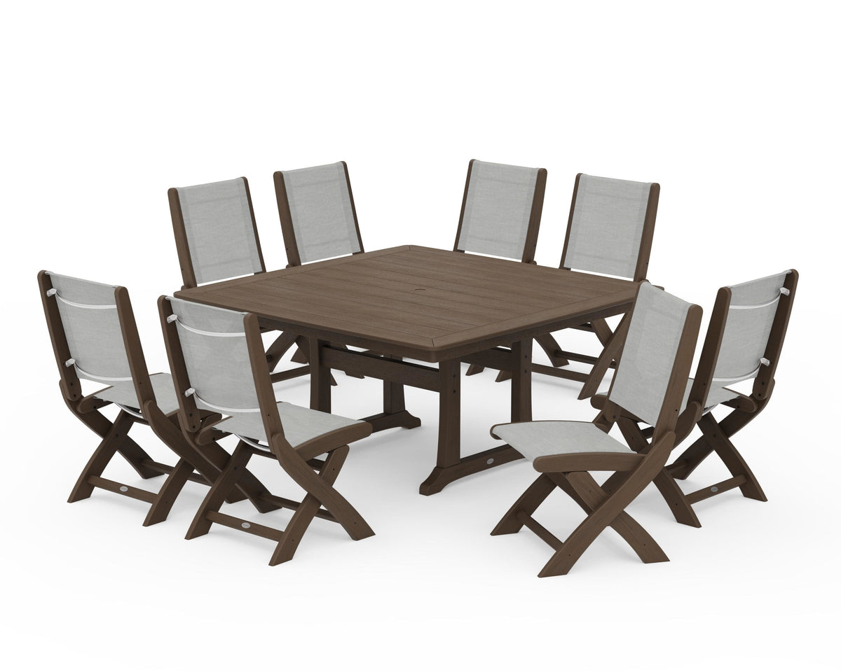 POLYWOOD Coastal Folding Side Chair 9-Piece Dining Set with Trestle Legs in Kona / Metallic