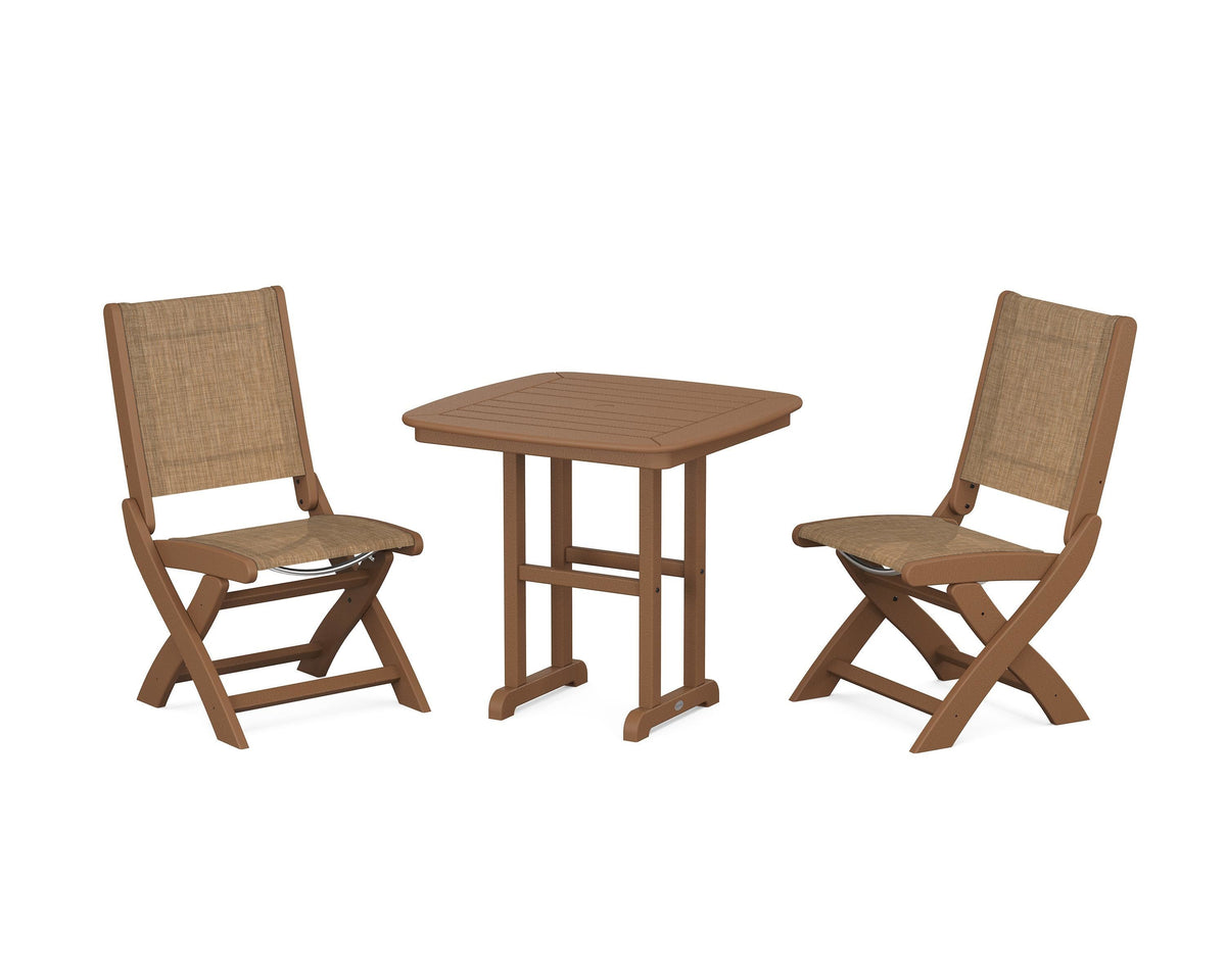 POLYWOOD Coastal Folding Side Chair 3-Piece Dining Set in Teak / Burlap