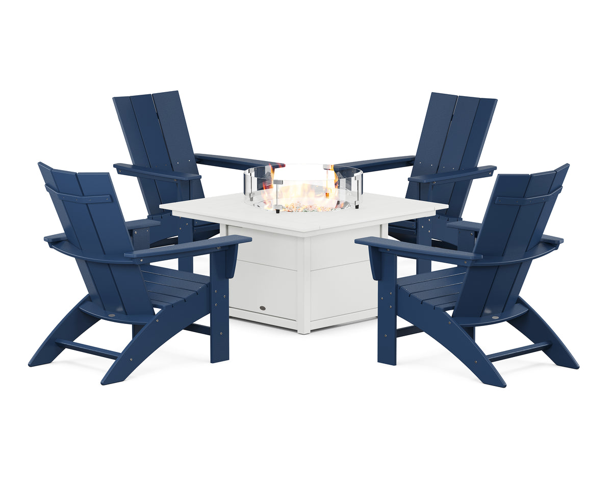 POLYWOOD Modern Curveback Adirondack 5-Piece Conversation Set with Fire Pit Table in Navy / White