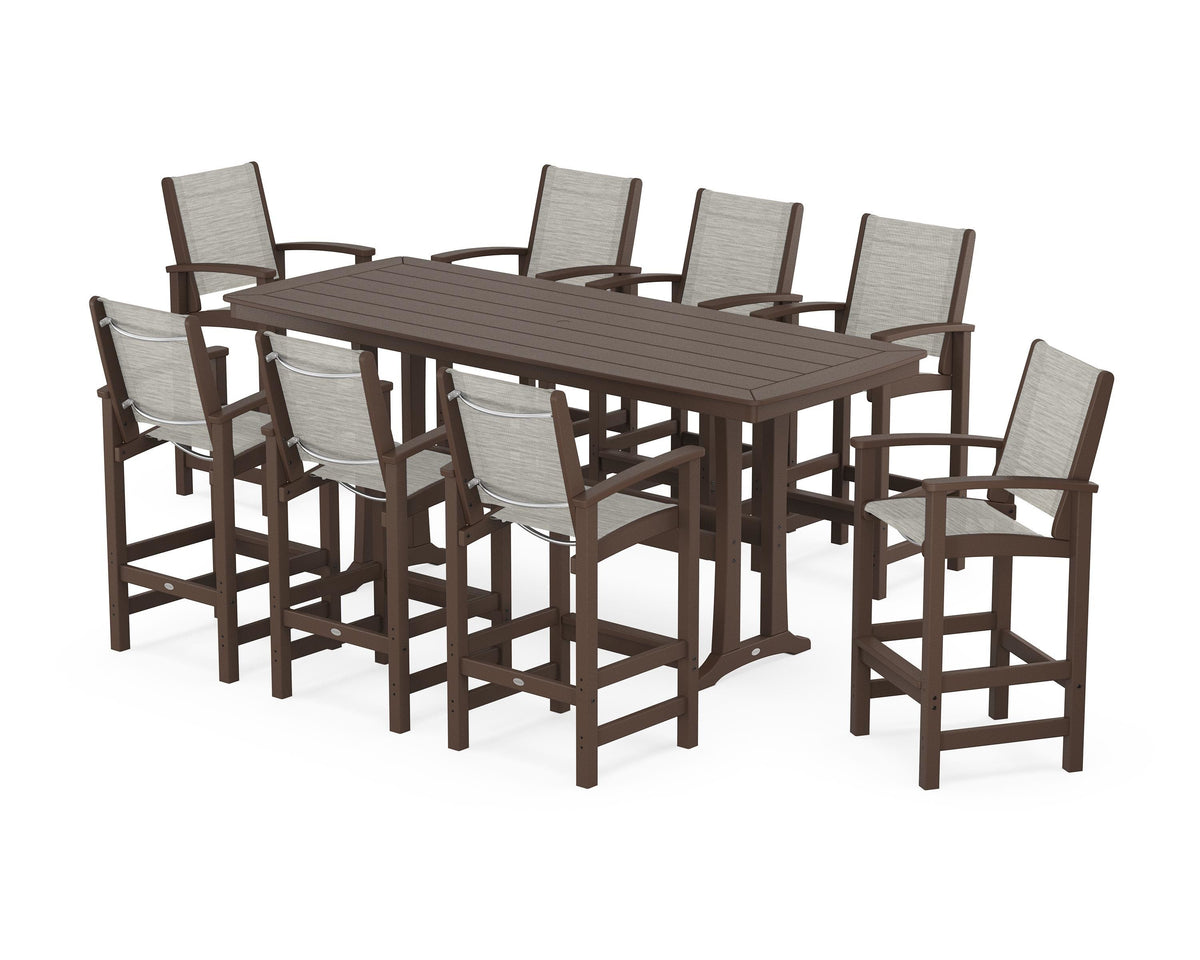POLYWOOD Coastal 9-Piece Bar Set with Trestle Legs in Mahogany / Birch