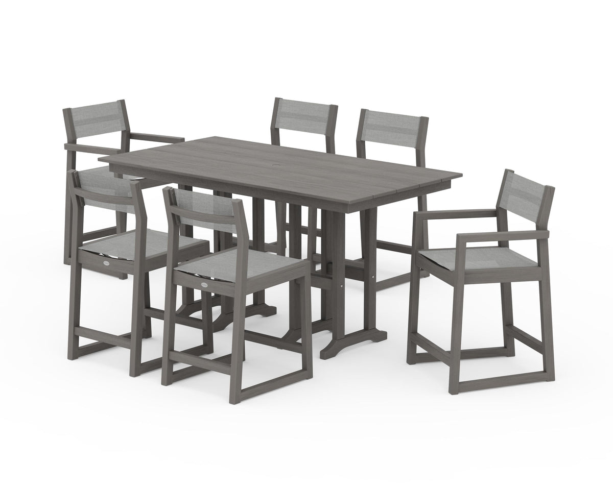 POLYWOOD EDGE Sling 7-Piece Farmhouse Counter Set with Trestle Legs in Driftwood / Metallic