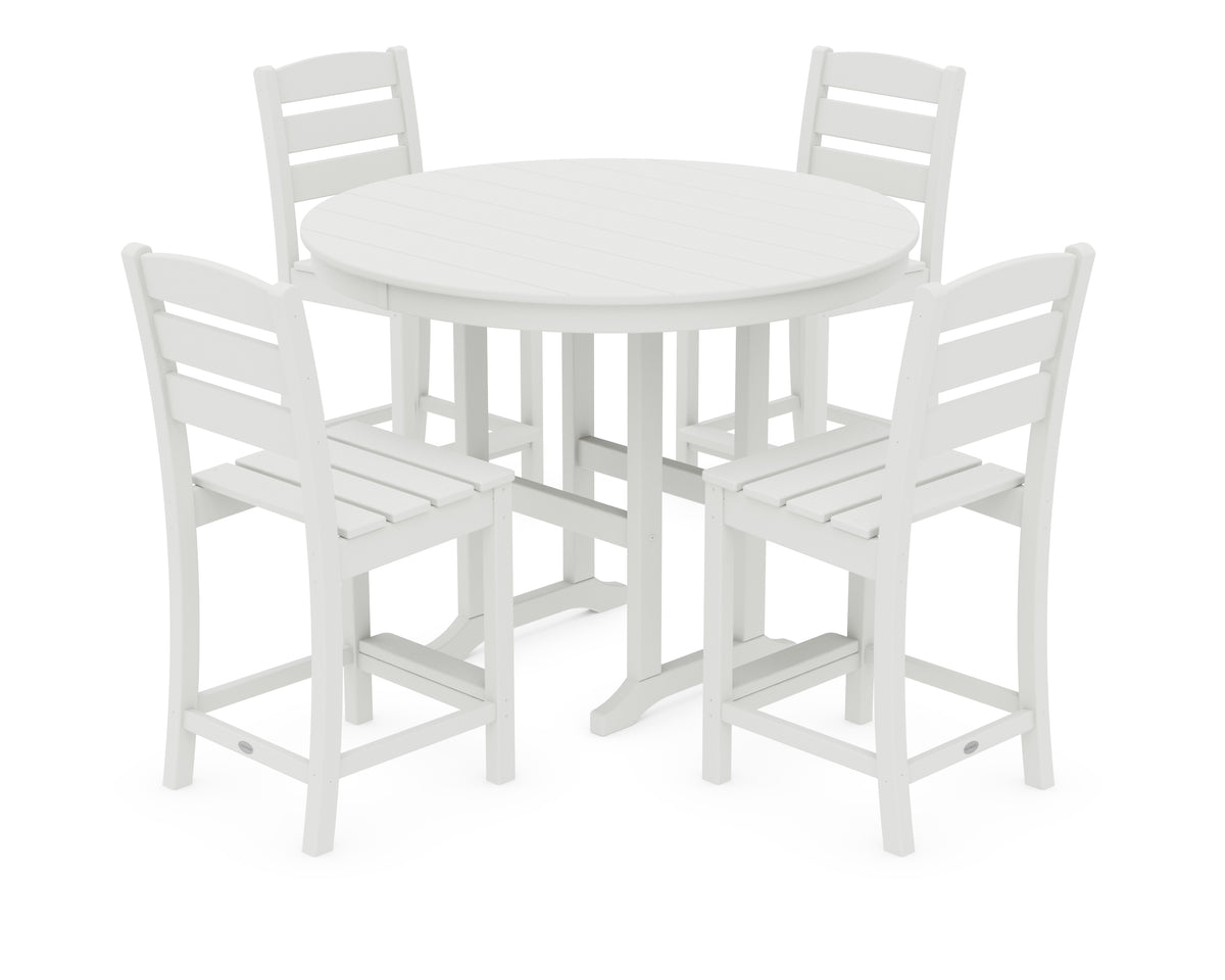 POLYWOOD Lakeside 5-Piece Farmhouse Round Side Chair Counter Set in Vintage White