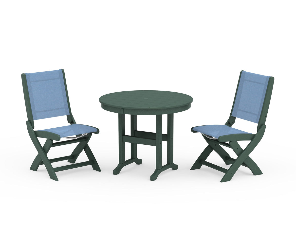 POLYWOOD Coastal Folding Side Chair 3-Piece Round Dining Set in Green / Poolside