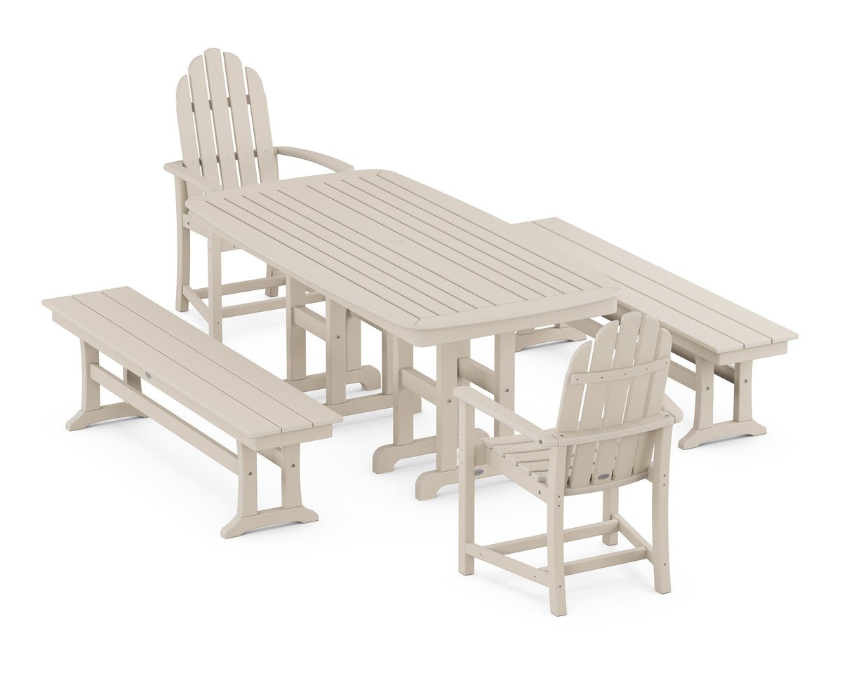 POLYWOOD Classic Adirondack 5-Piece Dining Set with Benches - 37" x 72" Table in Sand