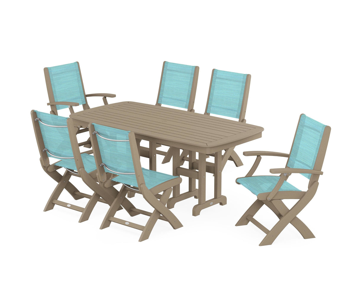 POLYWOOD Coastal Folding Chair 7-Piece Dining Set in Vintage Sahara / Dupioni Aquamarine