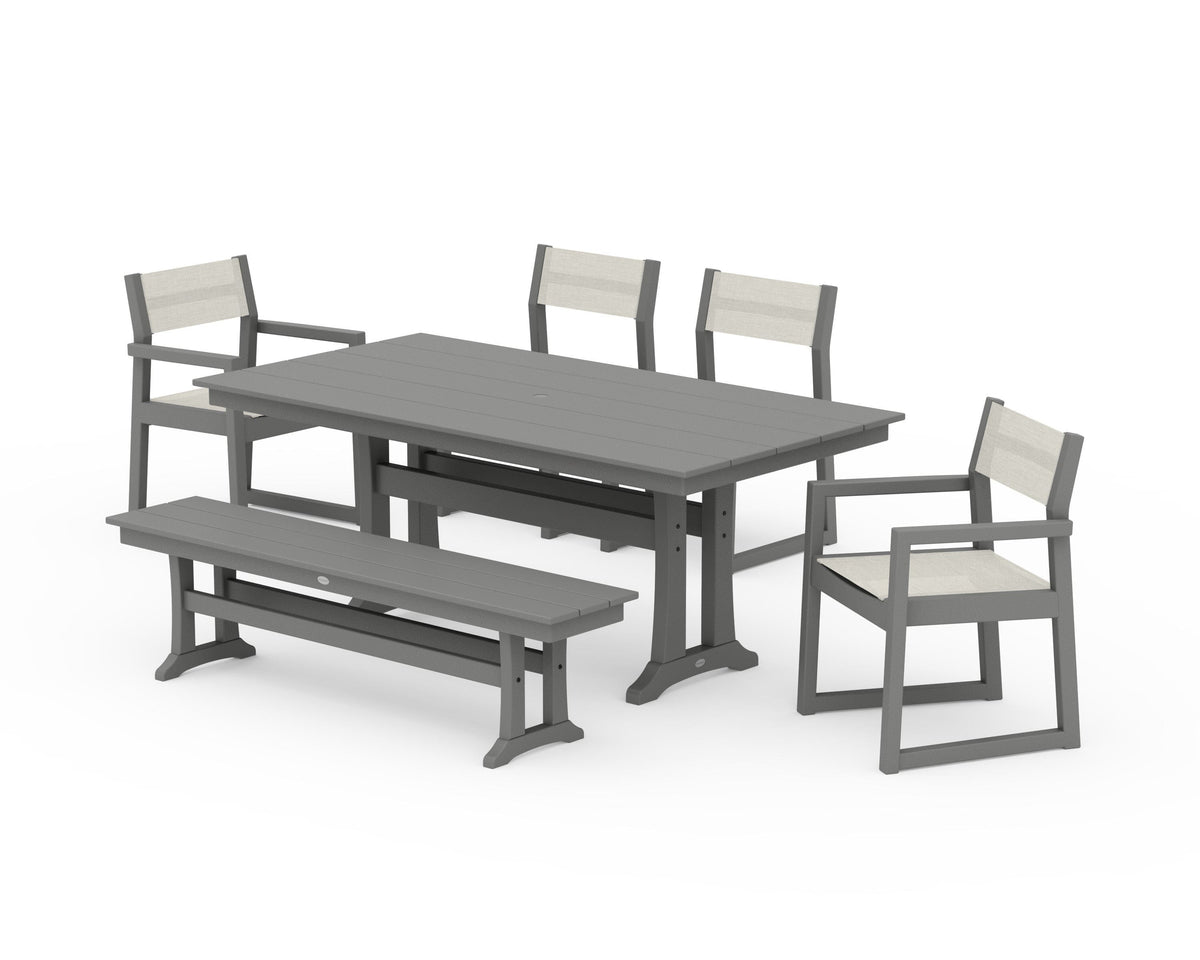 POLYWOOD EDGE Sling 6-Piece Farmhouse Dining Set With Trestle Legs in Slate Grey / Parchment