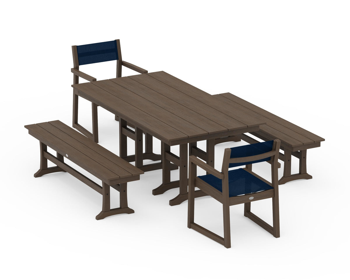 POLYWOOD EDGE Sling Arm Chair 5-Piece Farmhouse Dining Set with Benches in Kona / Navy Blue