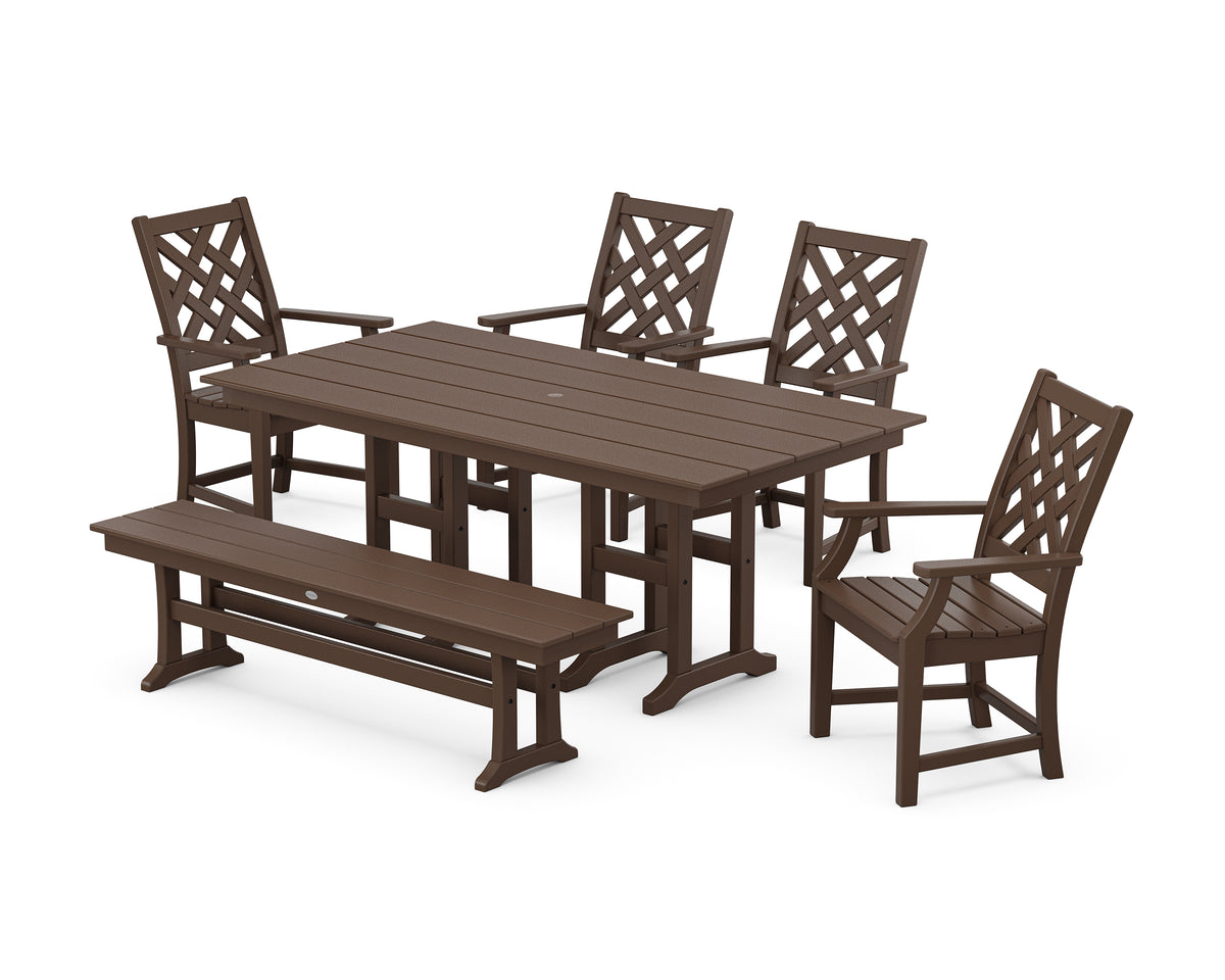 POLYWOOD Country Living Wovendale 6-Piece Farmhouse Dining Set with Bench with Farmhouse 37" x 72" Dining Table in Mahogany