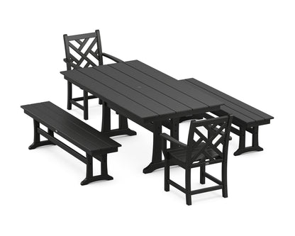POLYWOOD Chippendale 5-Piece Farmhouse Dining Set with Trestle Legs in Black