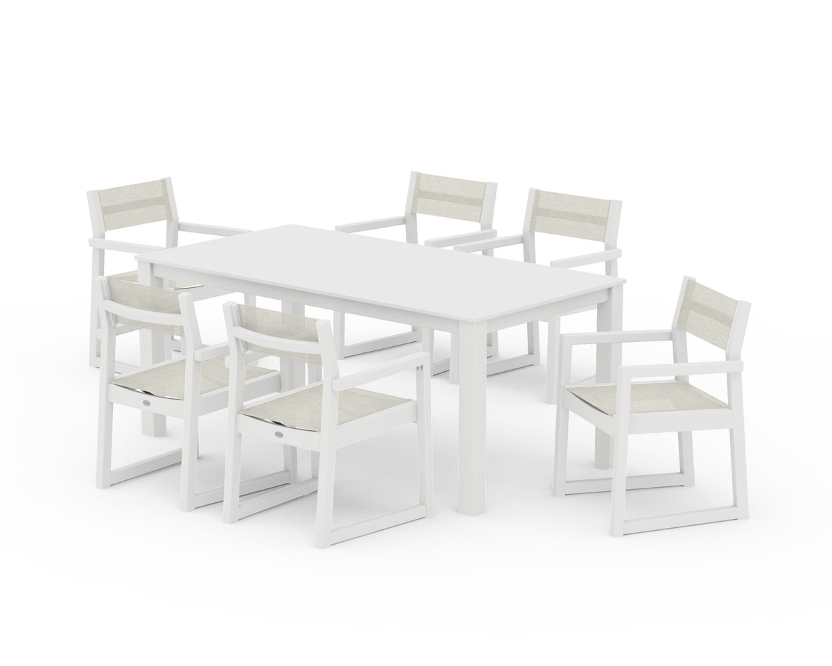 POLYWOOD EDGE Sling Arm Chair 7-Piece Parsons Dining Set in White / Parchment