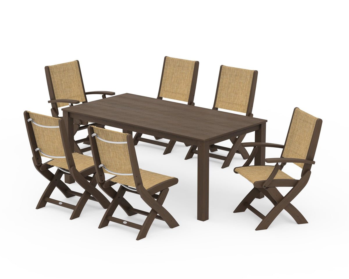 POLYWOOD Coastal Folding Chair 7-Piece Parsons Dining Set with Coastal Folding Side Chair in Kona / Burlap